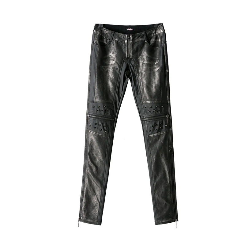 Top Sale Vintage Leather Punk Pants With Awl Nail On Knee - Image 4