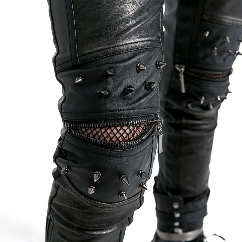 Top Sale Vintage Leather Punk Pants With Awl Nail On Knee - Image 5