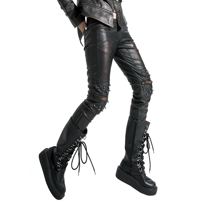 Top Sale Vintage Leather Punk Pants With Awl Nail On Knee - Image 7