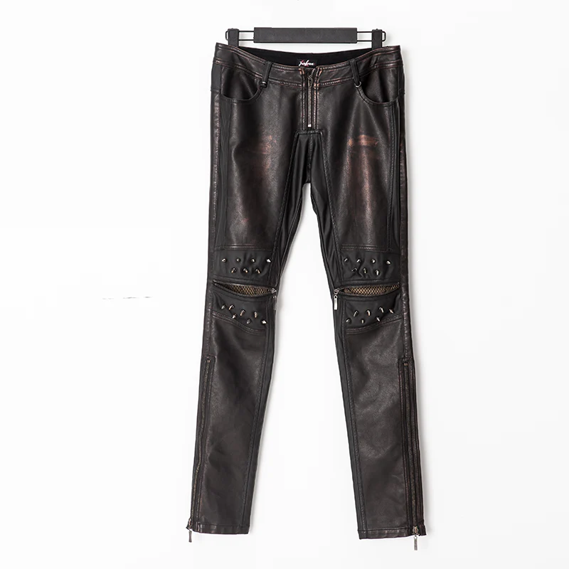 Top Sale Vintage Leather Punk Pants With Awl Nail On Knee - Image 9