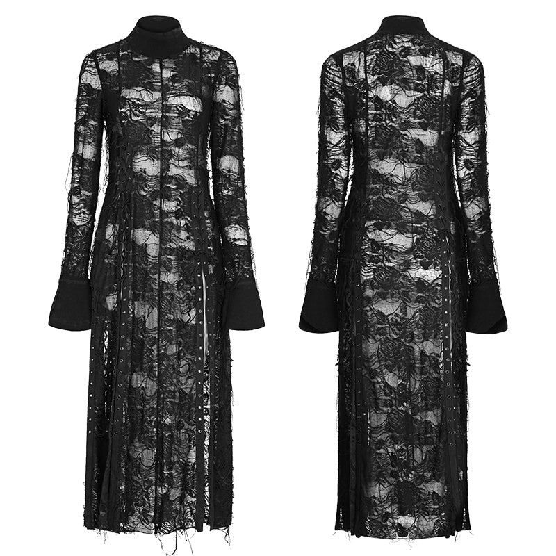 Vintage Rose Lace Mesh Black Long Gothic Dresses With Multi-split Design - Image 4