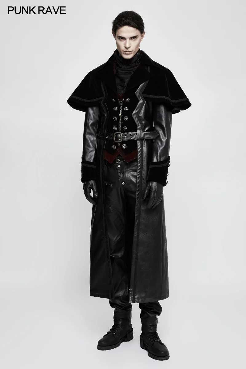 Winter Long Leather Velvet Gothic Coat With Active Belt - Image 6