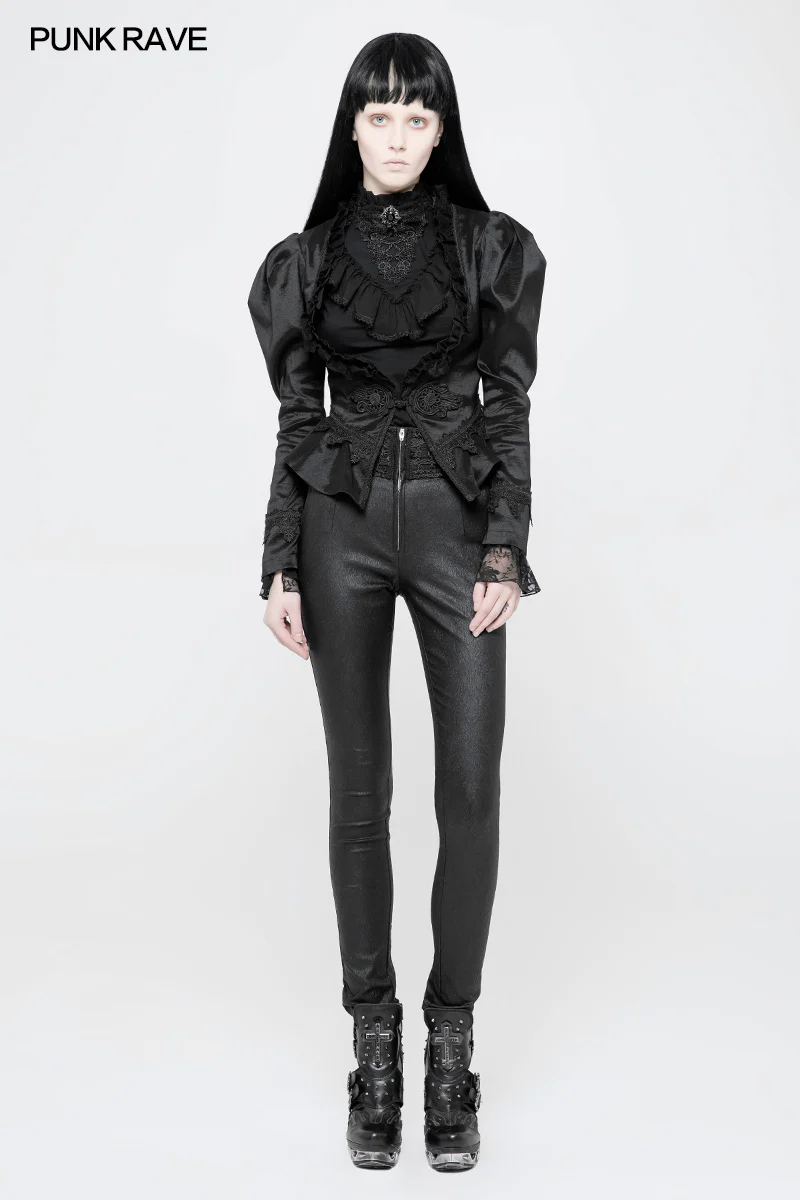 Women Deep V Collar Short Gothic Coat With Irregular Lotus Leaf Hem - Image 3