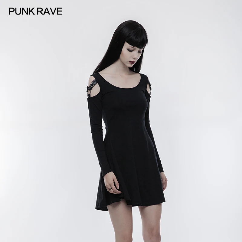 Women Knitting Slim Punk Dress With Leather Loop Design - Image 2