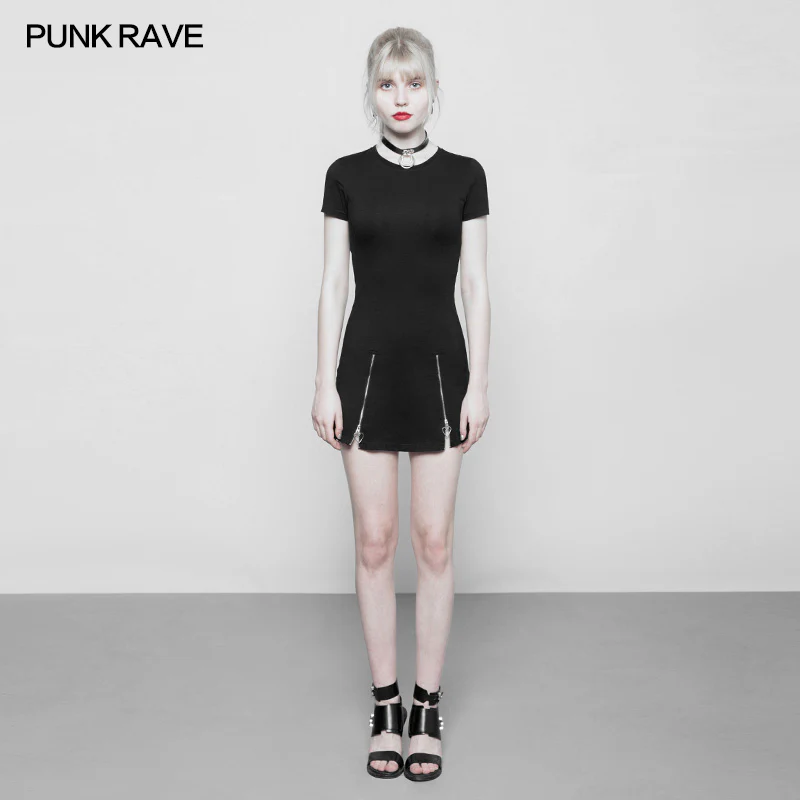 Women Minimalist Black Slim-Fitting Punk Dress With Love Pendant Zippers