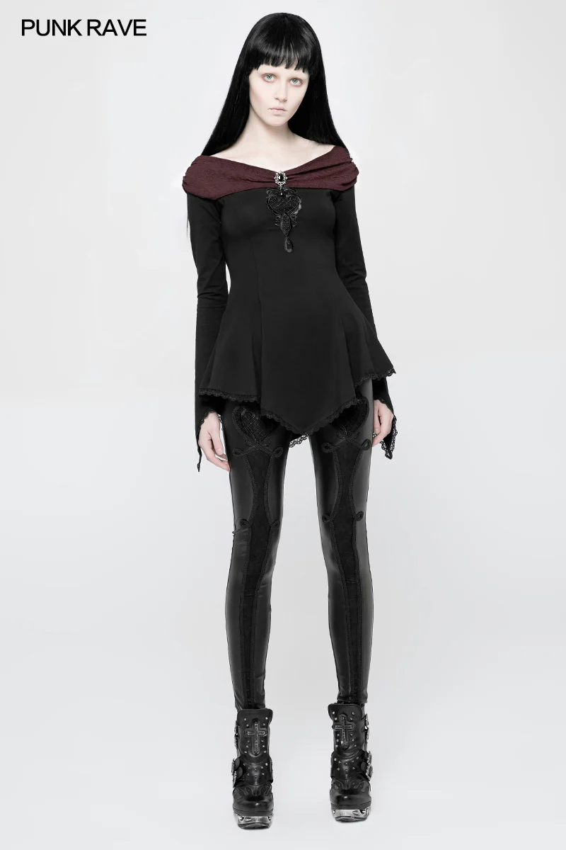 Women Retro Boat Neck Gothic T-shirt With Detachable Brooch - Image 6