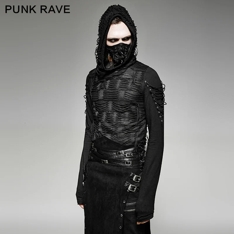 Womens & mens Double Layers Irregular Dark Gothic Shirt With Black Hole Hooded - Image 7