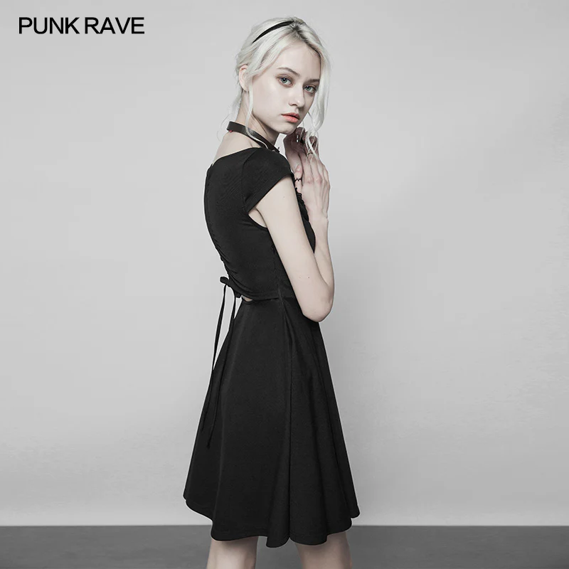 Women's Lotus Leaf V-Collar Folding Back Drawstring Black Halter Dress - Image 2
